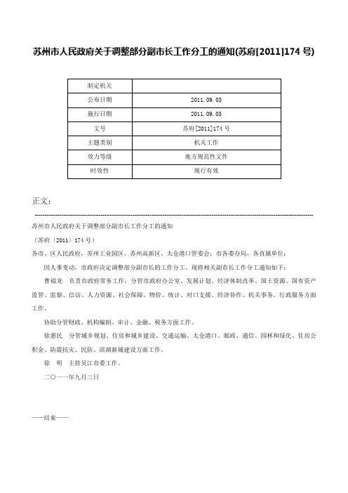 苏州市人民政府关于调整部分副市长工作分工的通知(苏府[2011]174号)-苏府[2011]174号