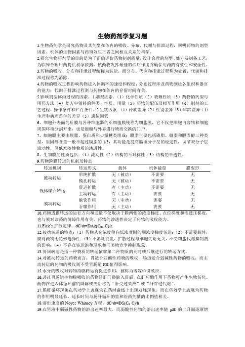 生物药剂学复习题1生物药剂学是研究药物及其剂型在体内的吸收