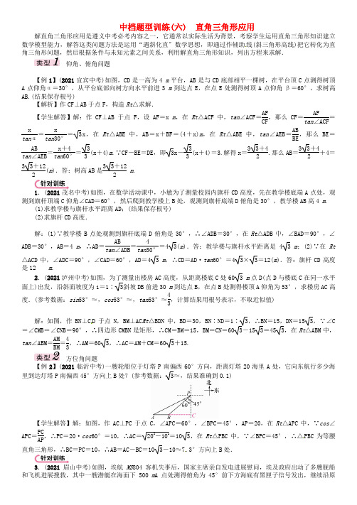 中考数学总复习第二编中档专项训练篇中档题型训练六直角三角形的应用试题