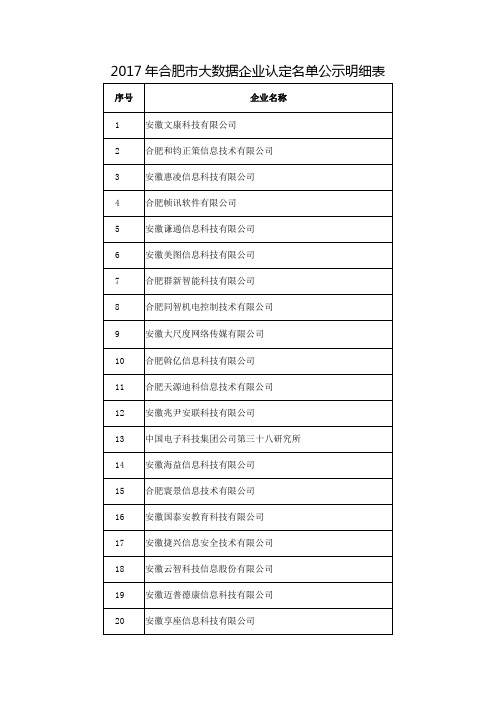 2017年合肥市大数据企业认定名单公示明细表