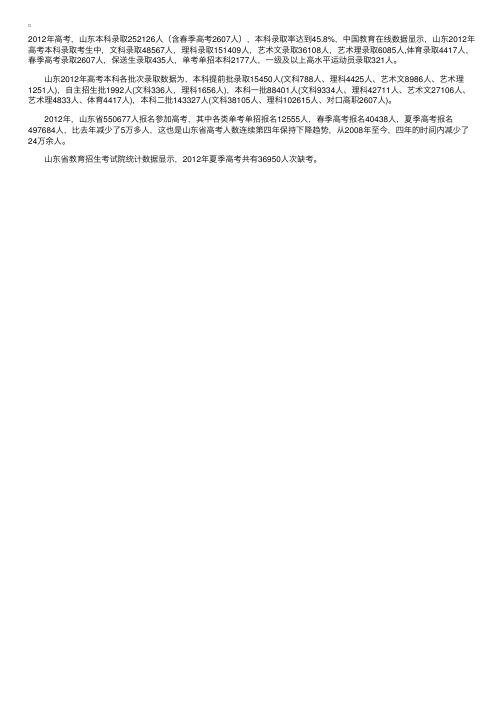 2012年山东高考本科录取人数录取率45.8%