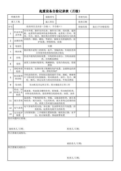 起重设备履带吊检查维护记录表