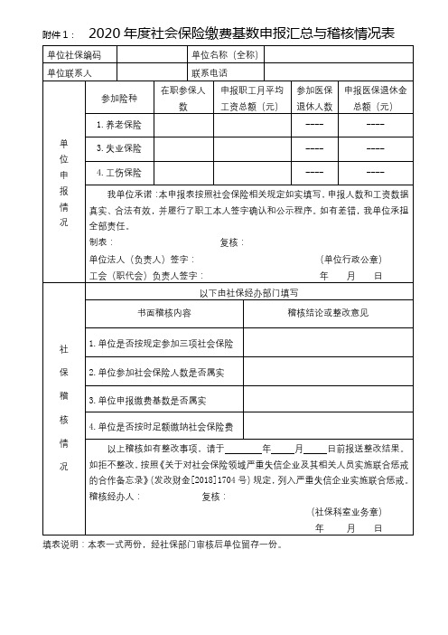 2020年度社会保险缴费基数申报汇总与稽核情况表【模板】