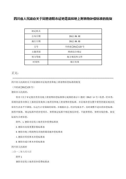 四川省人民政府关于同意德阳市征地青苗和地上附着物补偿标准的批复-川府函[2012]123号