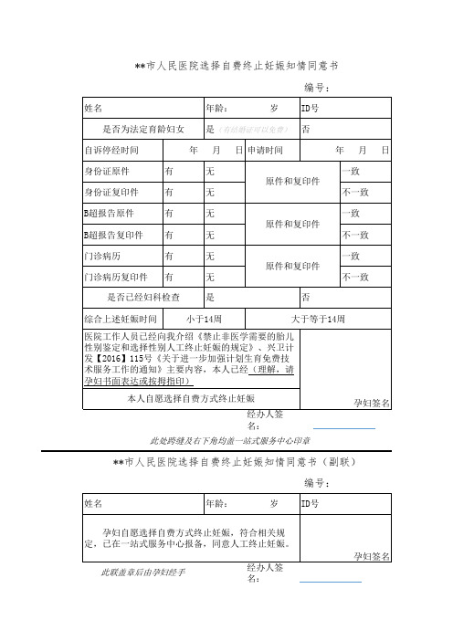 某某市人民医院选择自费终止妊娠知情同意登记表