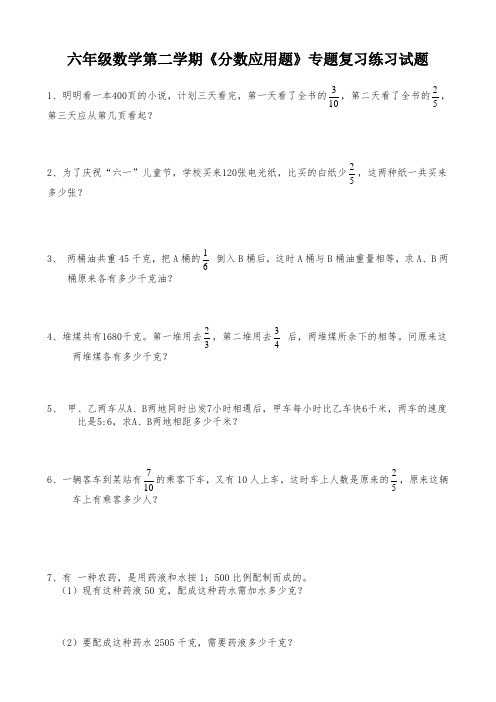 人教版数学六年级第二学期《分数应用题》专题复习练习试题