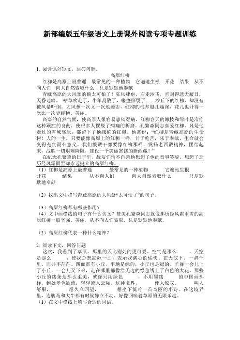 新部编版五年级语文上册课外阅读专项专题训练