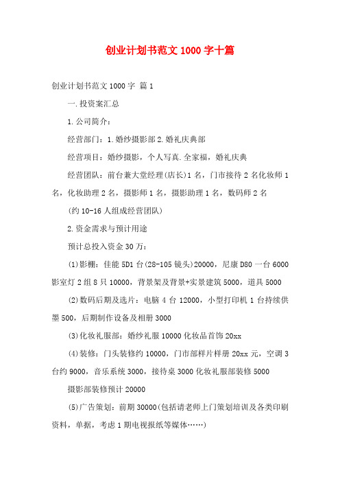 创业计划书范文1000字十篇