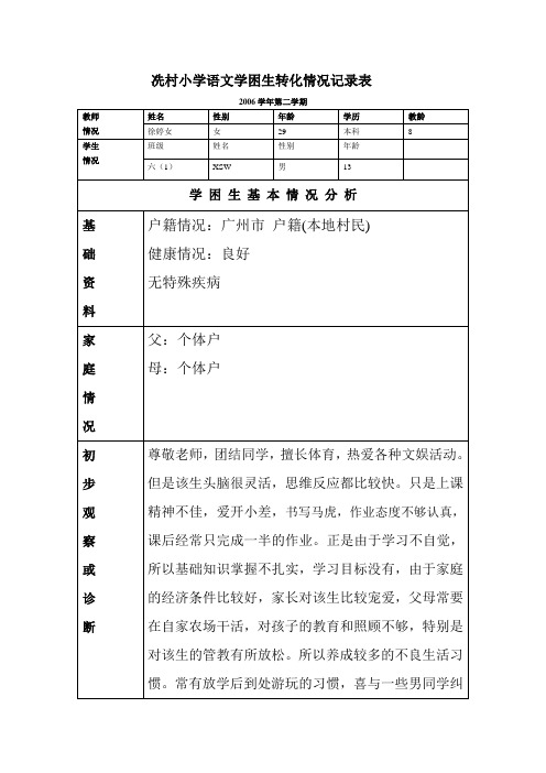 冼村小学语文学困生转化情况记录表