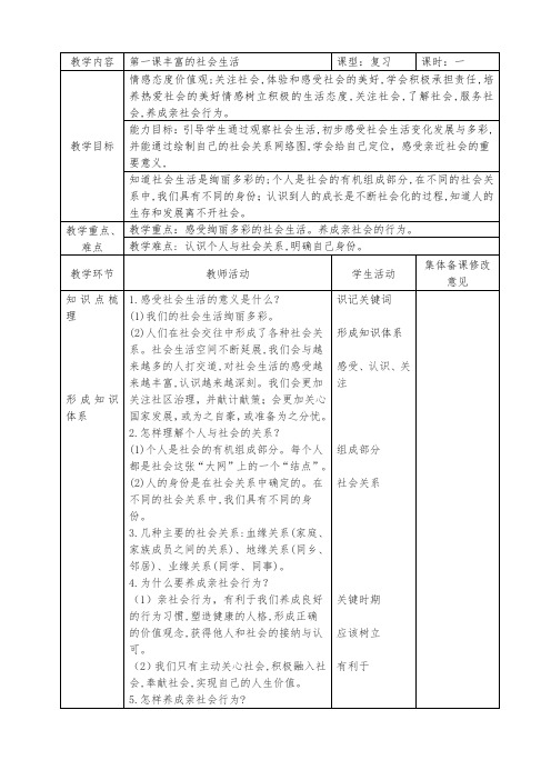 人教版道德与法治八年级上册 第一课 丰富的社会生活 复习教案