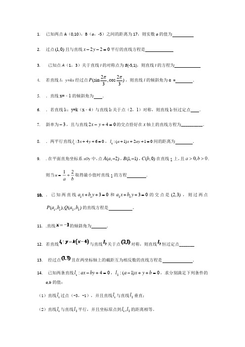 江苏省高二(上)第一学期10月第一次月考数学试卷整理汇编(含答案)：直线方程