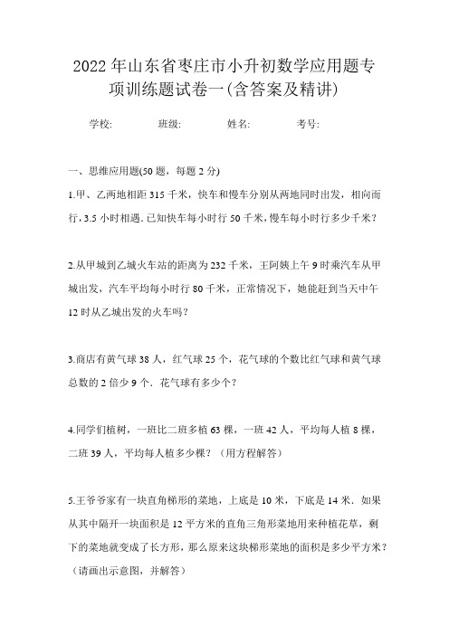 2022年山东省枣庄市小升初数学应用题专项训练题试卷一(含答案及精讲)