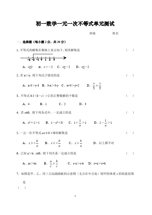 2019-2020学年苏科版七年级数学下册第十一章一元一次不等式单元测试 (无答案)