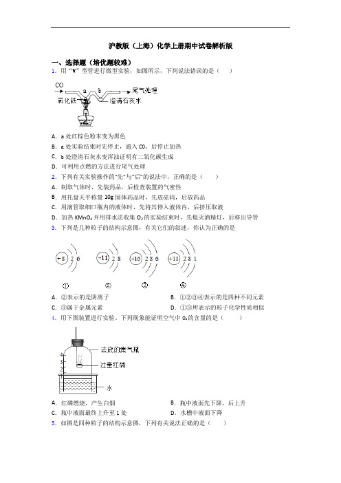 沪教版(上海)初三化学上册期中试卷解析版