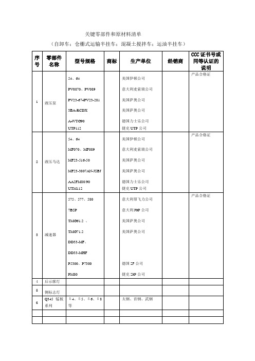 搅拌车关键零部件和原材料清单