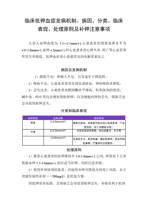 临床低钾血症发病机制病因分类临床表现处理原则补钾注意事项