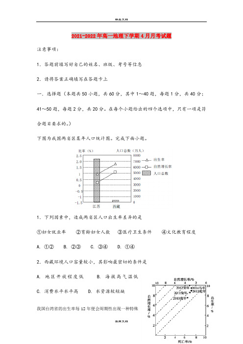 2021-2022年高一地理下学期4月月考试题