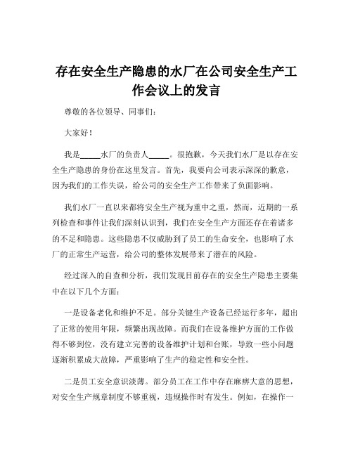 存在安全生产隐患的水厂在公司安全生产工作会议上的发言