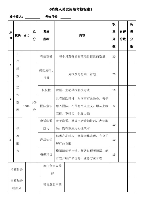 销售试用期绩效考核表