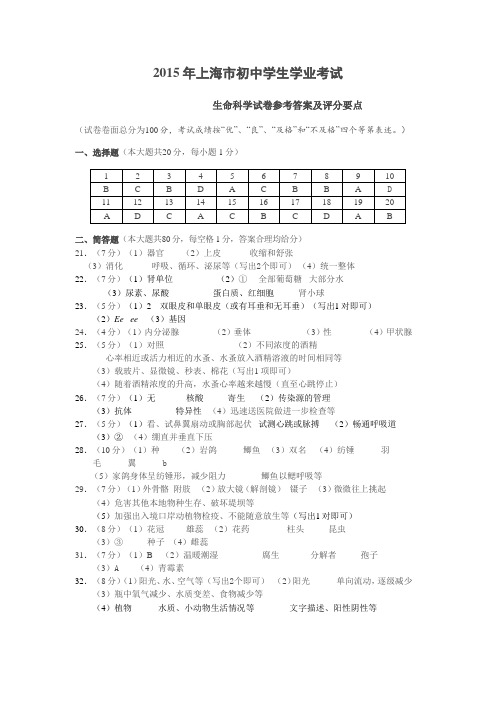 2015年上海市初中学生学业考试答案