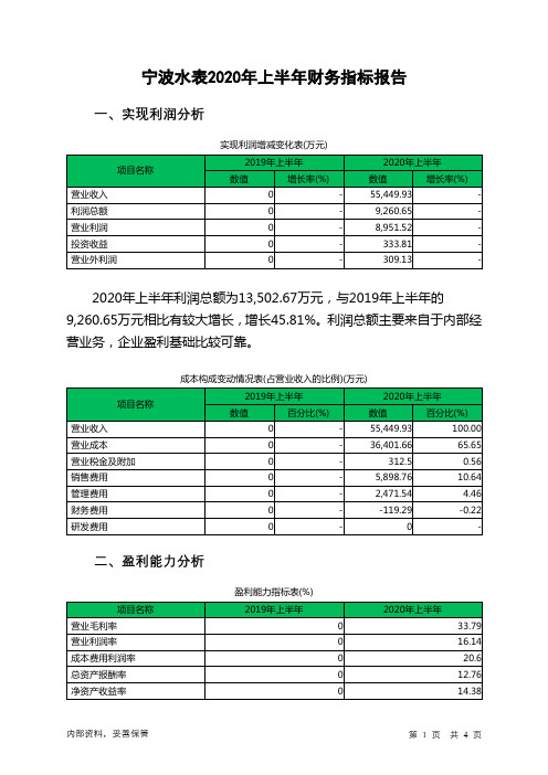 宁波水表2020年上半年财务指标报告