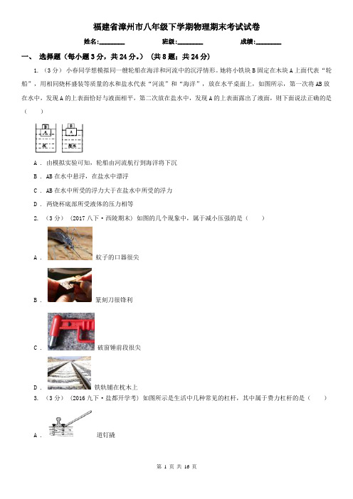 福建省漳州市八年级下学期物理期末考试试卷