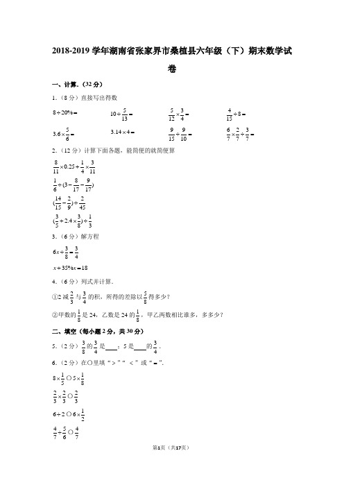 (人教新版)2018-2019学年湖南省张家界市桑植县六年级(下)期末数学试卷