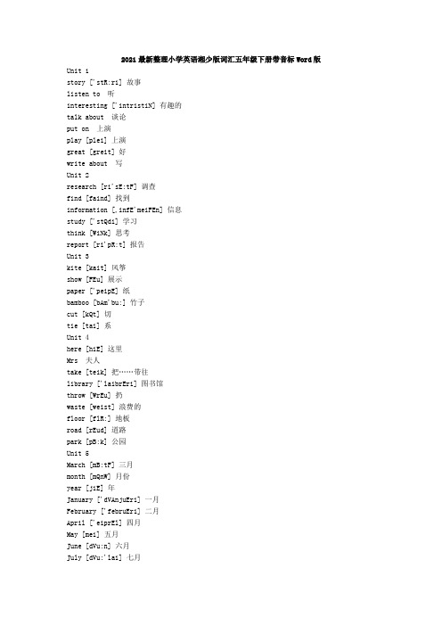 2021最新小学英语湘少版词汇五年级下册带音标Word版单词表