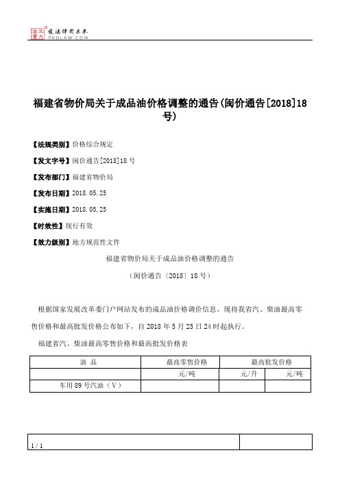 福建省物价局关于成品油价格调整的通告(闽价通告[2018]18号)