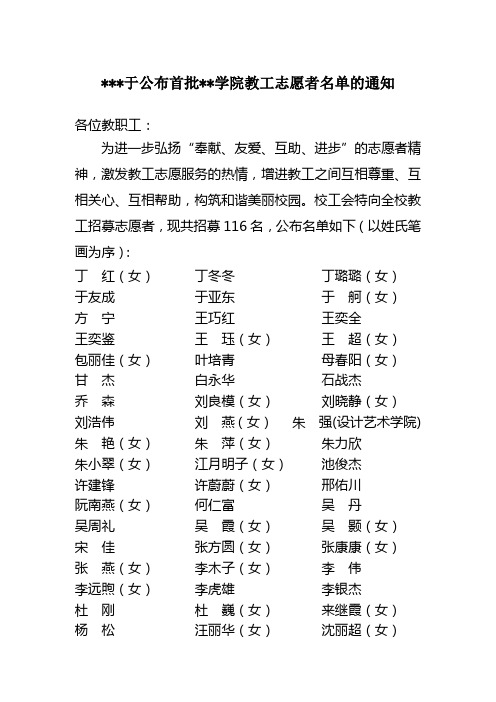 关于公布首批浙江传媒学院教工志愿者名单的通知【模板】