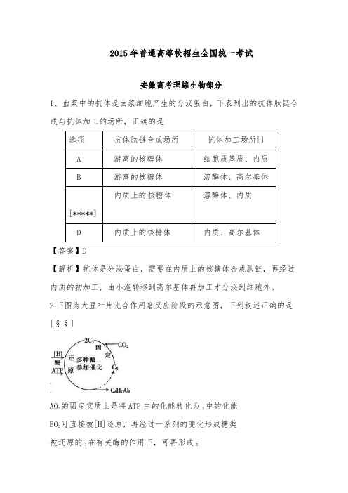 [精品]2015年全国高考真题理综生物安徽卷及答案