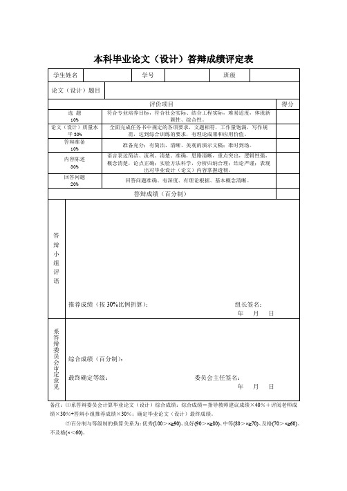 毕业论文设计答辩成绩评定表