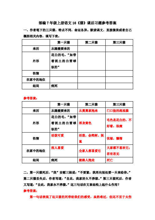 部编7年级上册语文16《猫》课后习题参考答案