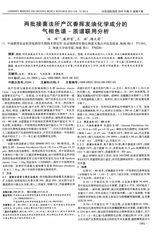 两批接菌法所产沉香挥发油化学成分的气相色谱-质谱联用分析