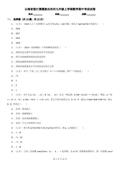 云南省怒江傈僳族自治州九年级上学期数学期中考试试卷