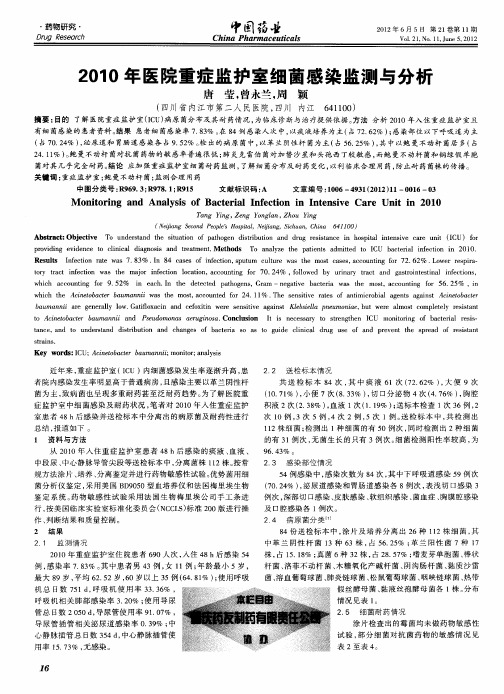 2010年医院重症监护室细菌感染监测与分析