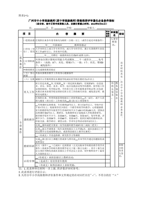 广州市中小学高级教师资格推荐评审量化评价条件指标  (初、高中20150317)