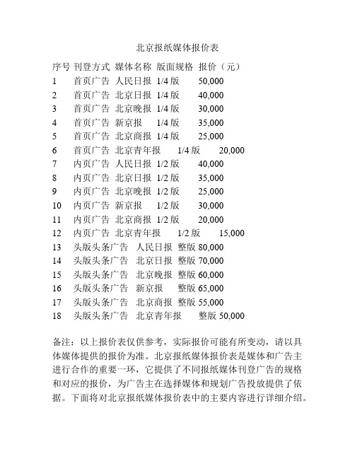 北京报纸媒体报价表