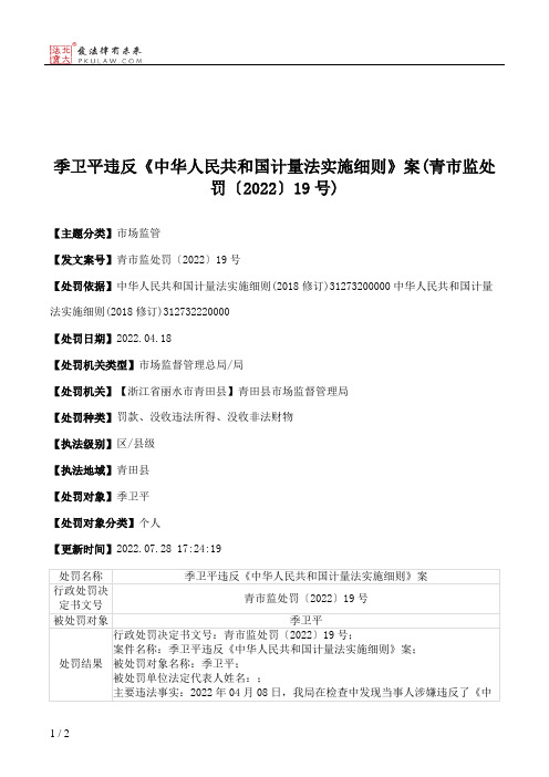 季卫平违反《中华人民共和国计量法实施细则》案(青市监处罚〔2022〕19号)