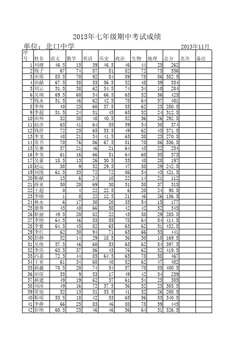 2013年七年级期中考试成绩