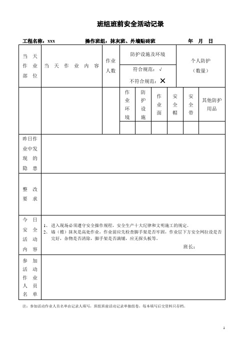 班组班前安全活动记录抹灰、贴砖班