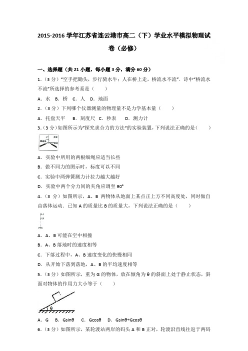 2015-2016年江苏省连云港市高二(下)学业水平模拟物理试卷和答案(必修)