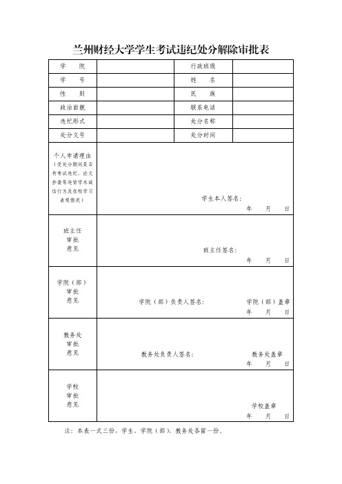 兰州财经大学学生考试违纪处分解除审批表