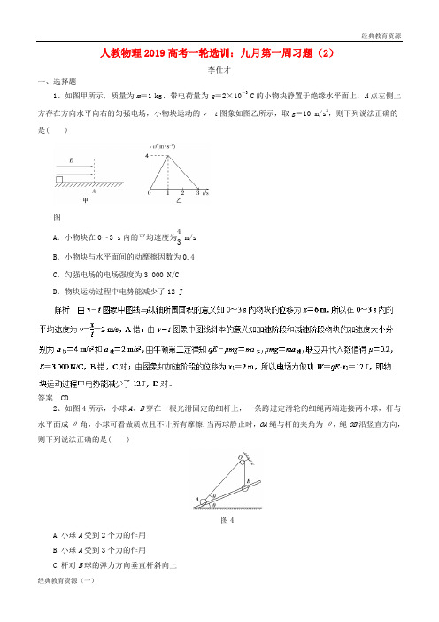 2019年高考物理一轮复习选训 九月第一周习题(2)(含解析)新人教版