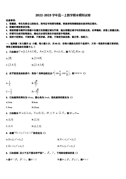 2022-2023学年辽宁省沈阳市实验中学高一数学第一学期期末经典模拟试题含解析