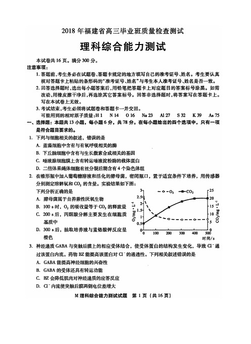 2018年福建省高三毕业班质量检查测试理综