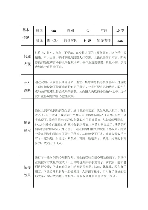 小学生心理健康咨询个案辅导记录表.doc