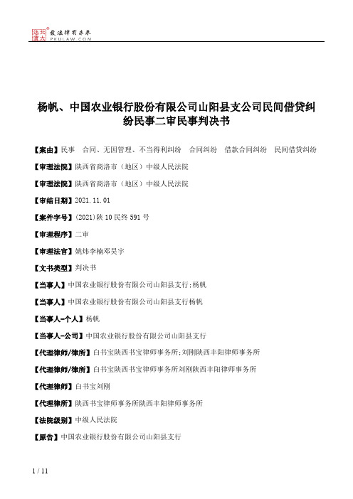 杨帆、中国农业银行股份有限公司山阳县支公司民间借贷纠纷民事二审民事判决书