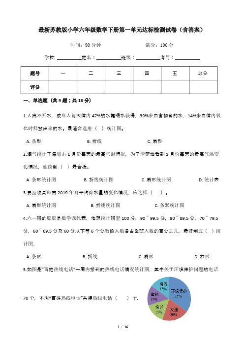 最新苏教版小学六年级数学下册第一单元达标检测试卷(含答案)