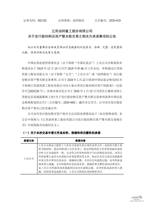 润邦股份：关于发行股份购买资产暨关联交易之相关方承诺事项的公告